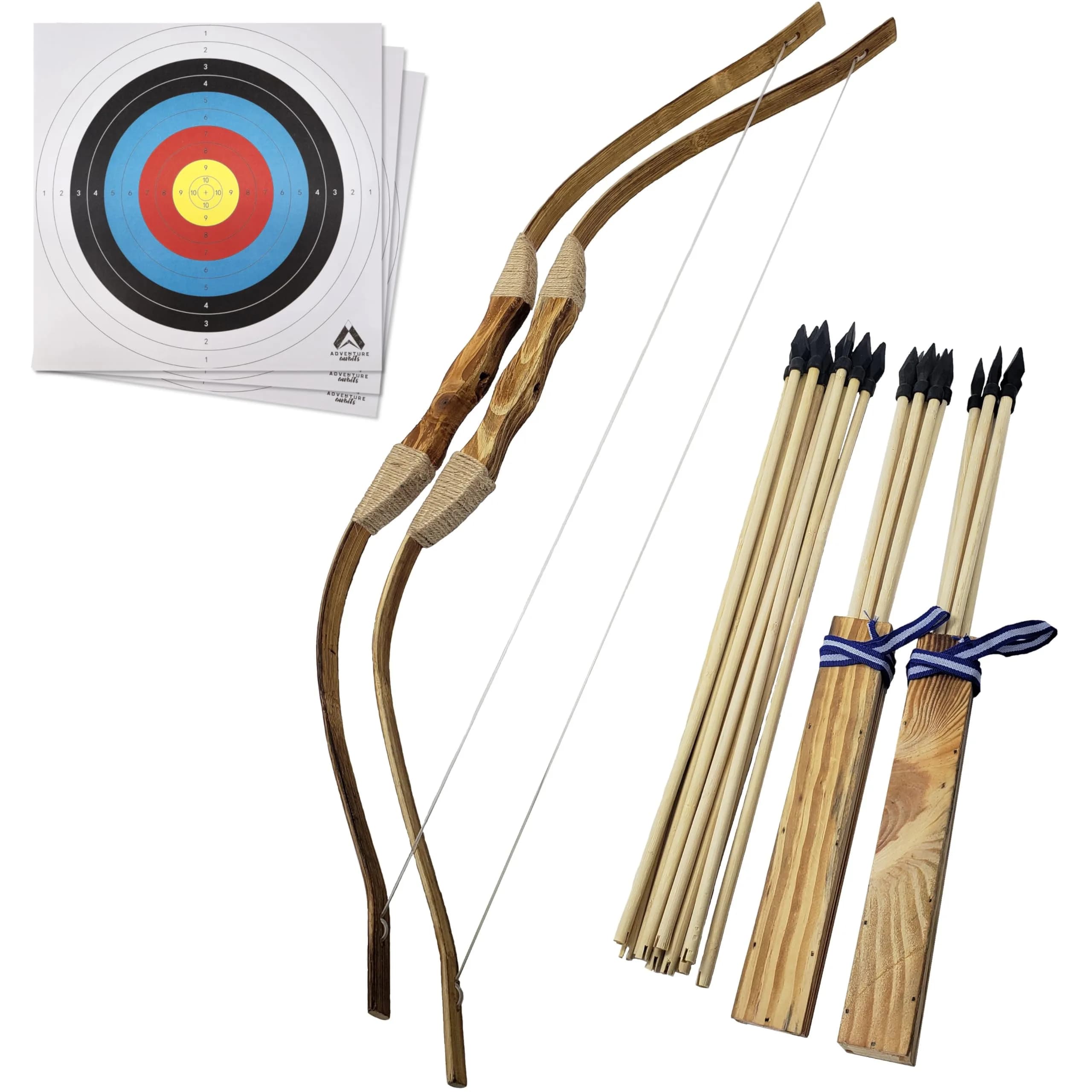 Adventure Awaits! Handmade Wooden Bow and Arrow Set 2-Pack | 81 cm (31 in) Draw Length | 20 Wood Arrows & 2 Quivers — Beige