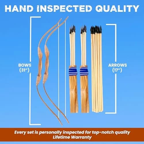 Adventure Awaits! Handmade Wooden Bow and Arrow Set 2-Pack | 81 cm (31 in) Draw Length | 20 Wood Arrows & 2 Quivers thumbnail 6