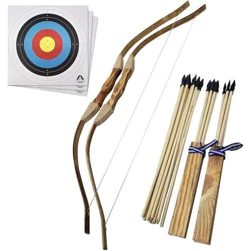 Adventure Awaits! Handmade Wooden Bow and Arrow Set 2-Pack | 81 cm (31 in) Draw Length | 20 Wood Arrows & 2 Quivers thumbnail 1