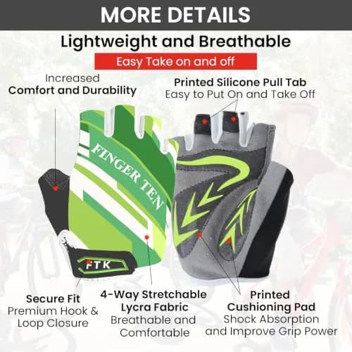 FINGER TEN Kids Bike Gloves with Gel Padding (Green, Small) | Breathable, Anti-Slip Cycling Gloves for Youth thumbnail 2