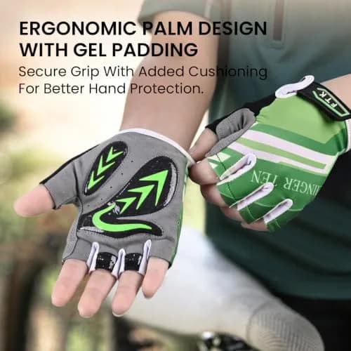 FINGER TEN Kids Bike Gloves with Gel Padding (Green, Small) | Breathable, Anti-Slip Cycling Gloves for Youth thumbnail 3
