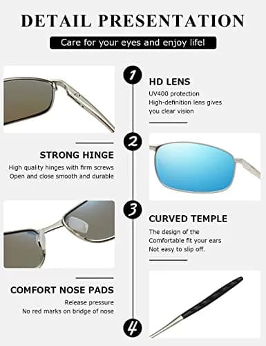 AEVOGUE Rectangular Polarized Sunglasses AE0395 | UV400 Protection, Metal Frame, Silver & Blue thumbnail 7