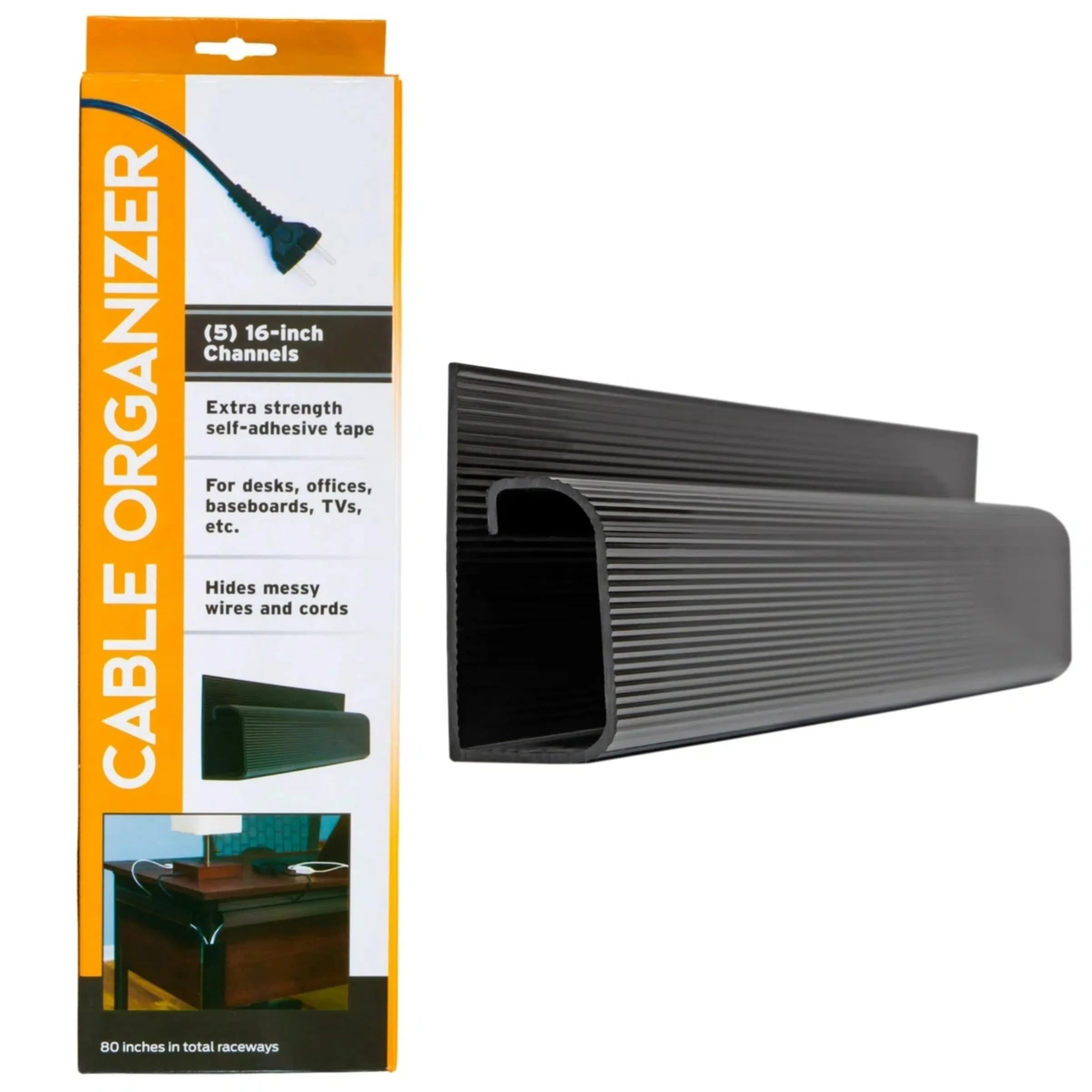 SimpleCord 5 Pack of 16-Inch J Channel Cable Management Under Desk | Easy Adhesive Mount Cord Organizer — Black