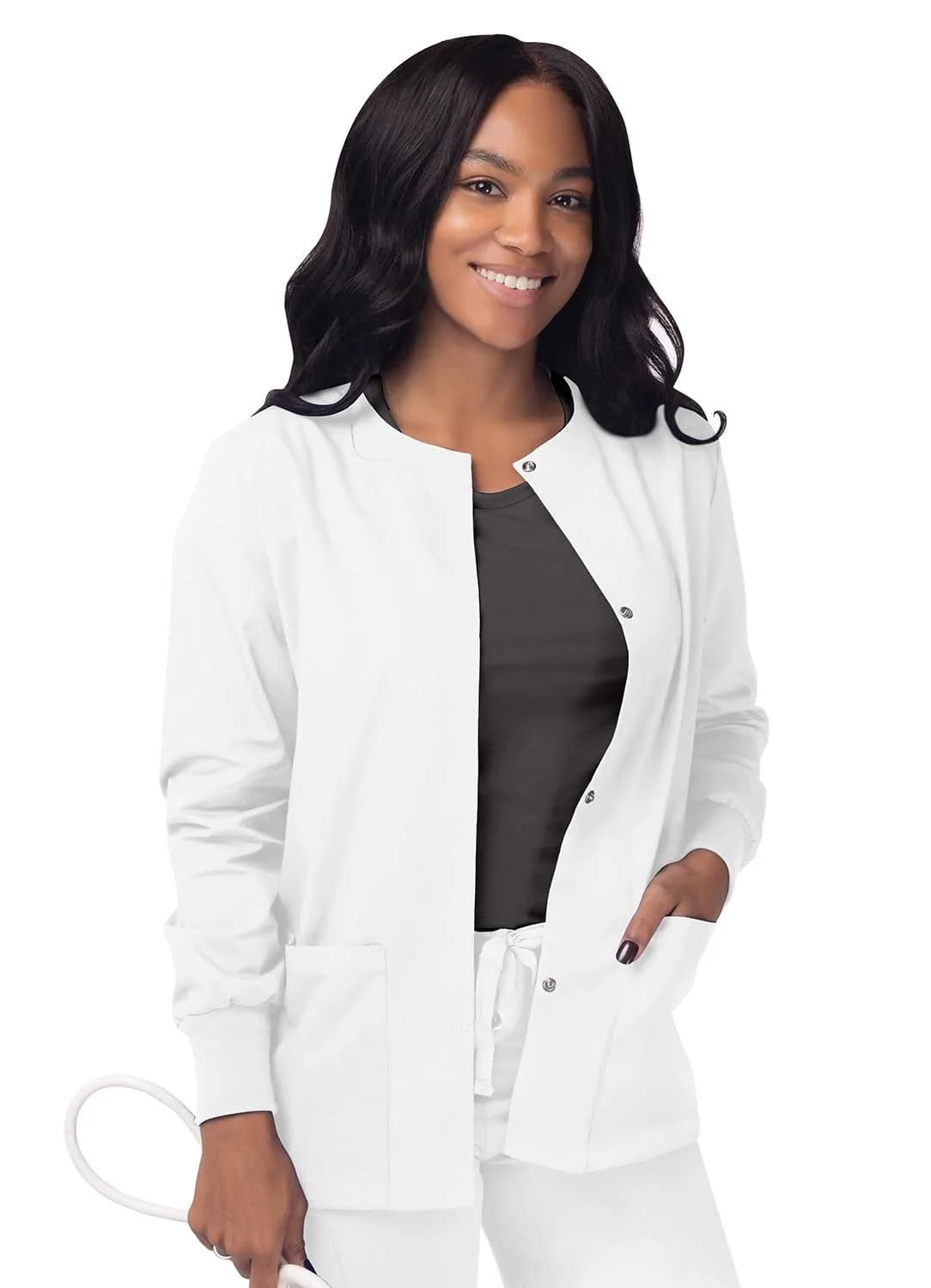 Sivvan Scrubs for Women - Front Snap Warm Up Jacket - S8306 - Black | Classic Fit, 29" Back Length, 2 Pockets — White