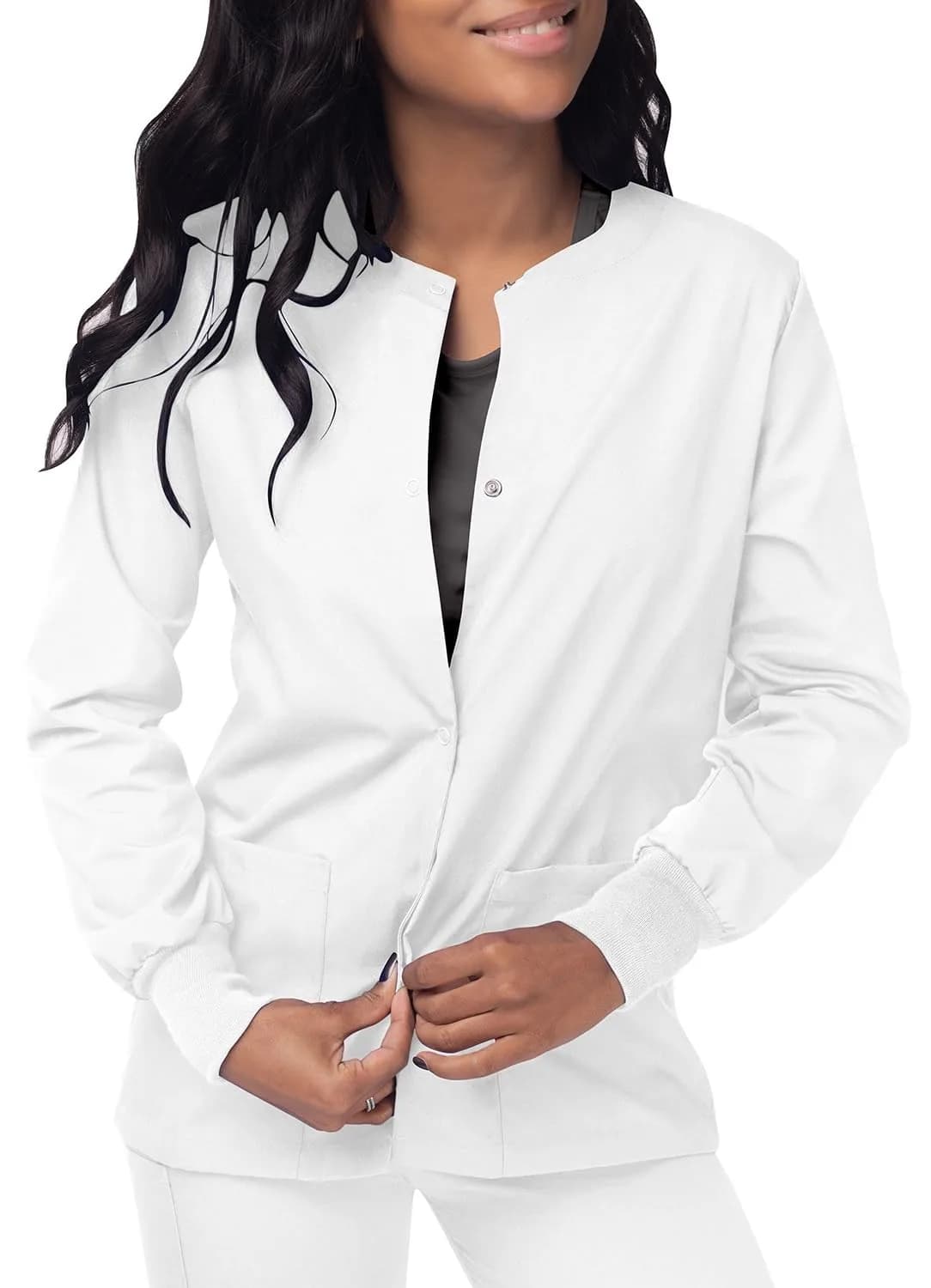 Sivvan Scrubs for Women - Front Snap Warm Up Jacket White S | Classic Fit, 29" Back Length, 2 Pockets, Long Sleeves thumbnail 5