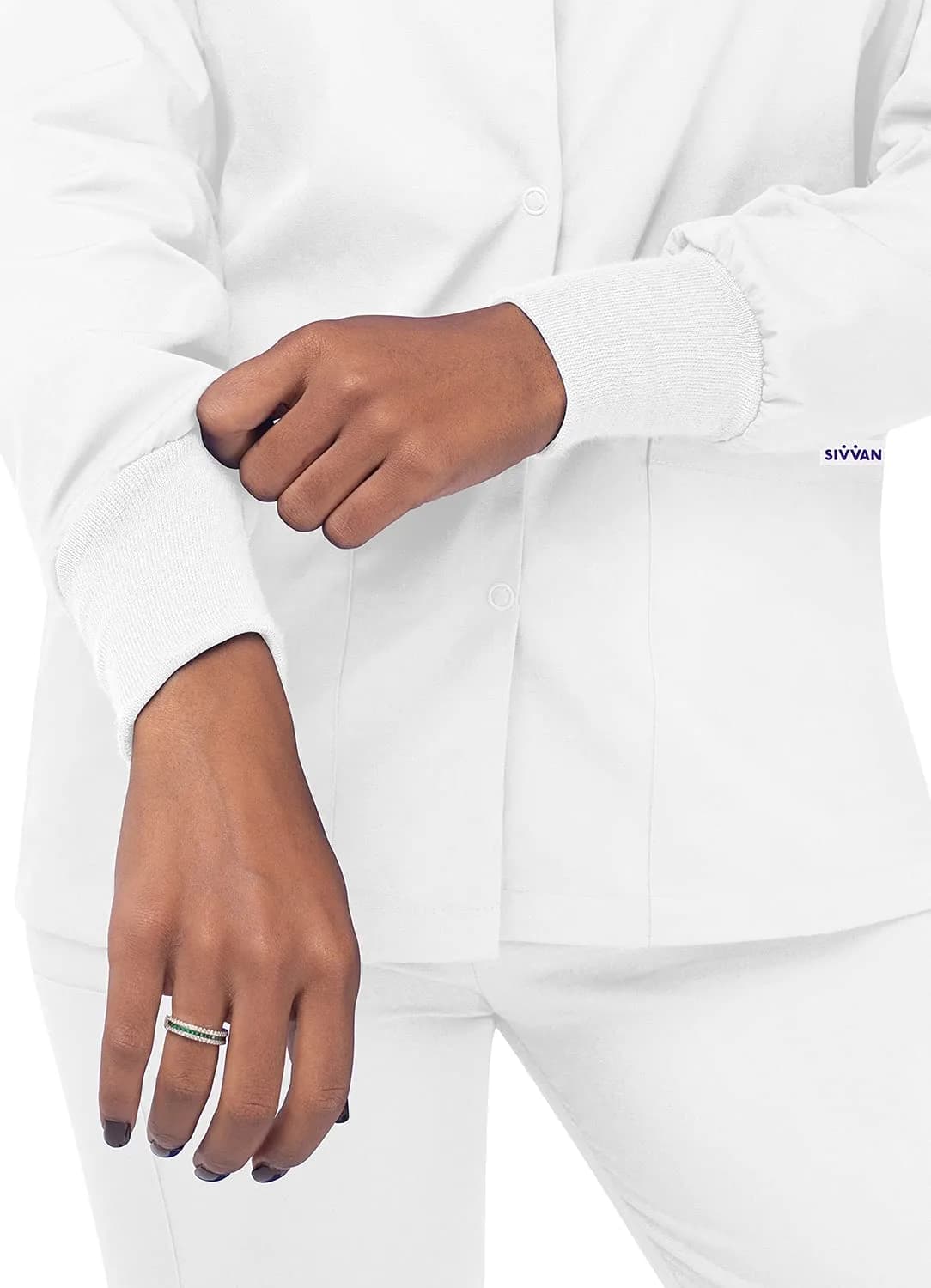 Sivvan Scrubs for Women - Front Snap Warm Up Jacket White S | Classic Fit, 29" Back Length, 2 Pockets, Long Sleeves thumbnail 3