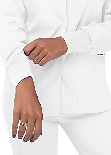 Sivvan Scrubs for Women - Front Snap Warm Up Jacket White S | Classic Fit, 29" Back Length, 2 Pockets, Long Sleeves thumbnail 3