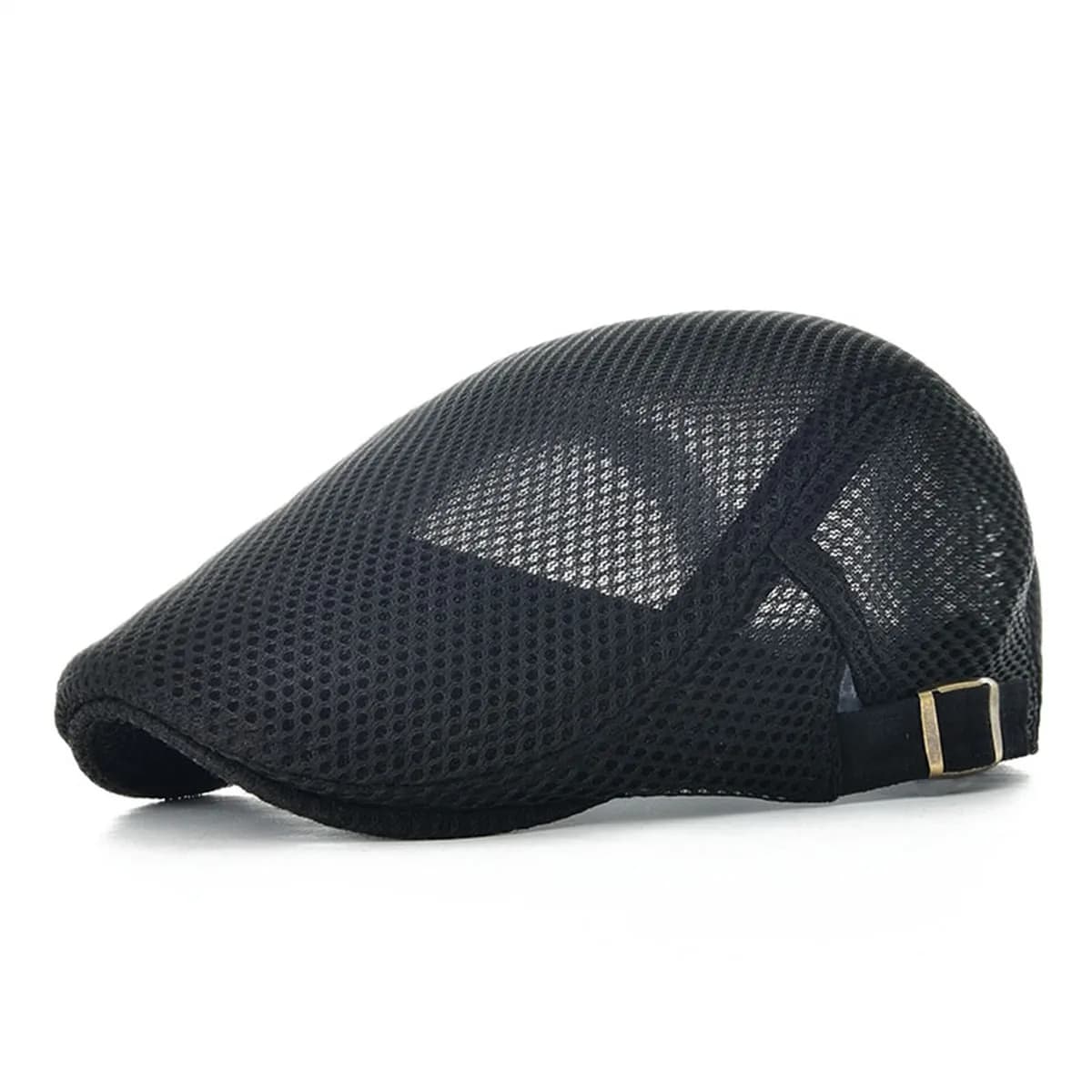 VOBOOM Men's Breathable Mesh Summer Hat Adjustable Newsboy Beret Ivy Cabbie Flat Cap Khaki — Black