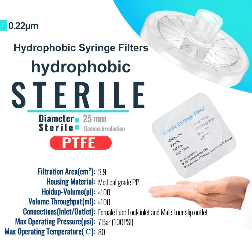 Sterile Syringe Filters PTFE 25 mm Diameter 0.22 um Pore Size Individually Packaged 10/pk by Biomed Scientific thumbnail 2