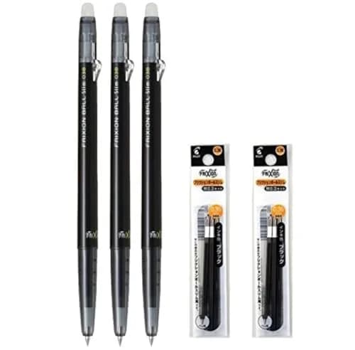 Pilot FriXion Ball Slim 038 Retractable Erasable Gel Ink Pen 0.38mm | Extra Fine Point, Black Ink, 3 Pens & 6 Refills thumbnail 1