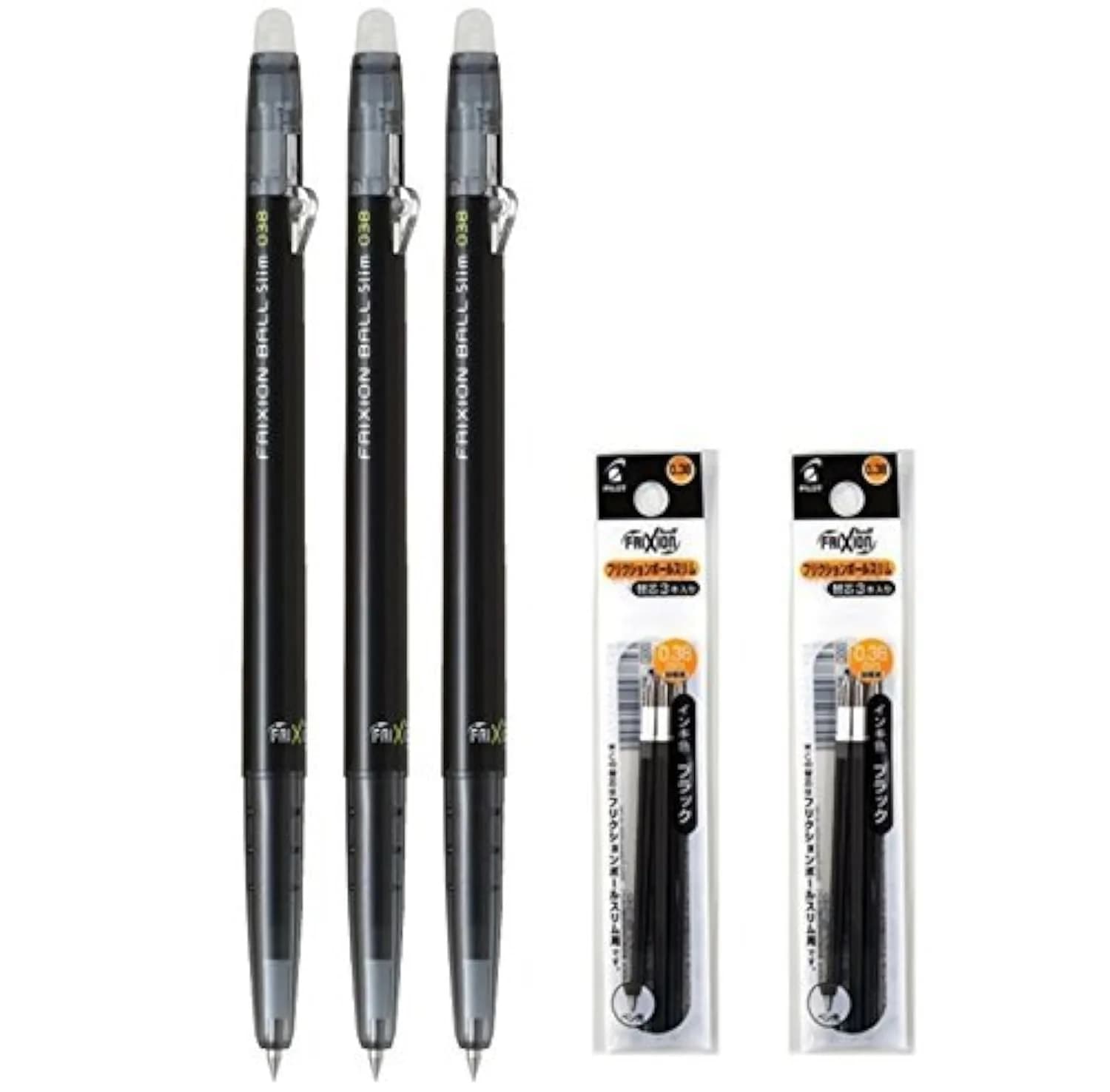 Pilot FriXion Ball Slim 038 Retractable Erasable Gel Ink Pen 0.38mm | Extra Fine Point, Black Ink, 3 Pens & 6 Refills