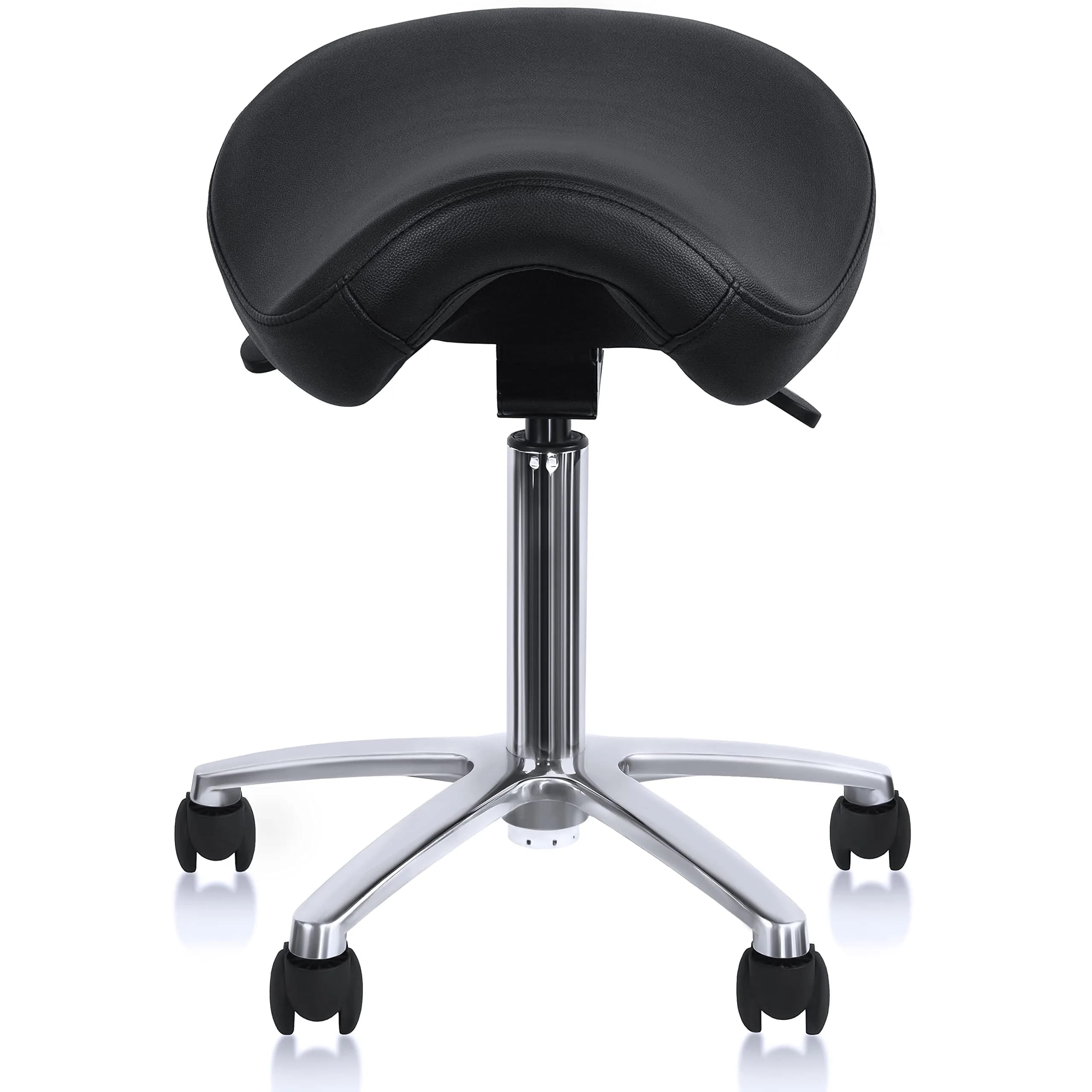 2xhome Ergonomic Saddle Stool | Backless Rolling Office Chair with Adjustable Height & Tilt, PU Leather, Foam Padding, Black with Wheels — Black