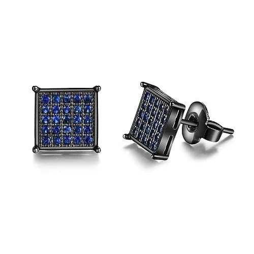 Tarsus 8mm Mens Square Earrings Blue Stud Diamond Crystal | Stainless Steel Jewelry thumbnail 1
