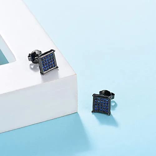Tarsus 8mm Mens Square Earrings Blue Stud Diamond Crystal | Stainless Steel Jewelry thumbnail 4