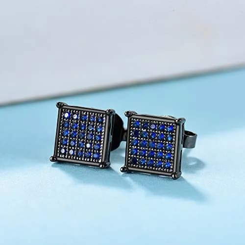 Tarsus 8mm Mens Square Earrings Blue Stud Diamond Crystal | Stainless Steel Jewelry thumbnail 2