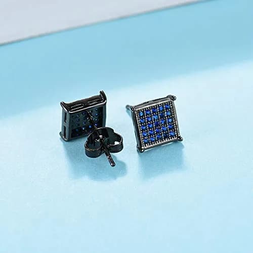 Tarsus 8mm Mens Square Earrings Blue Stud Diamond Crystal | Stainless Steel Jewelry thumbnail 3