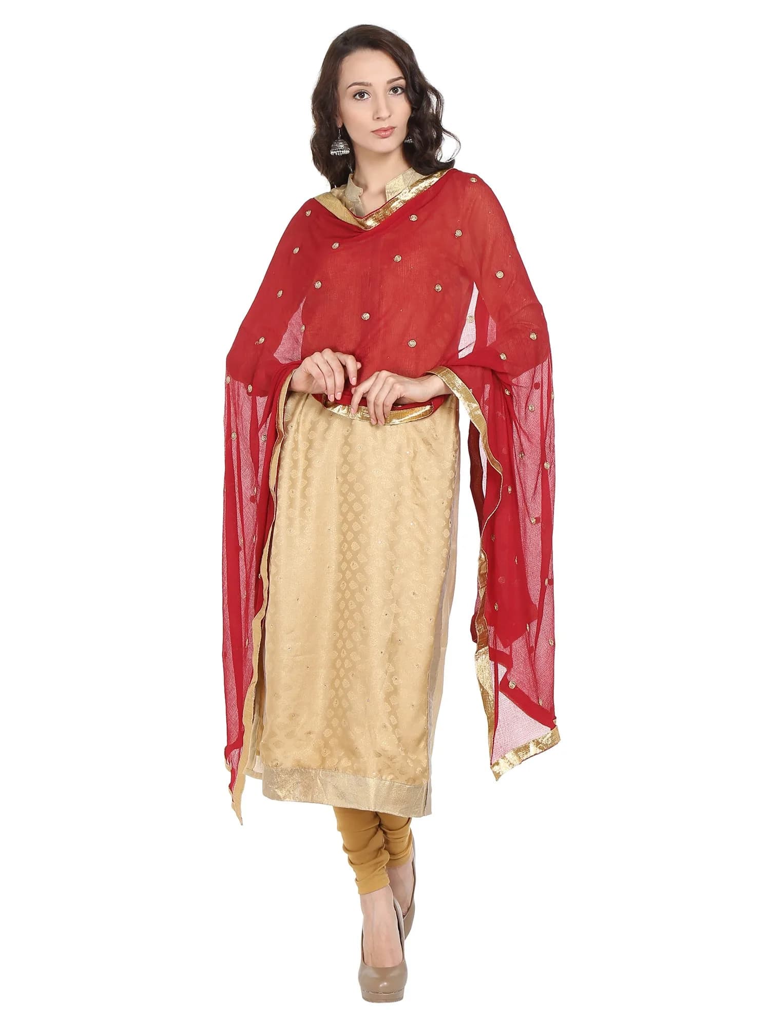 DUPATTA BAZAAR Woman's Embroidered Maroon & Gold Chiffon Dupatta | Vibrant & Elegant, 92"L x 36"W, Soft & Flowy — Maroon