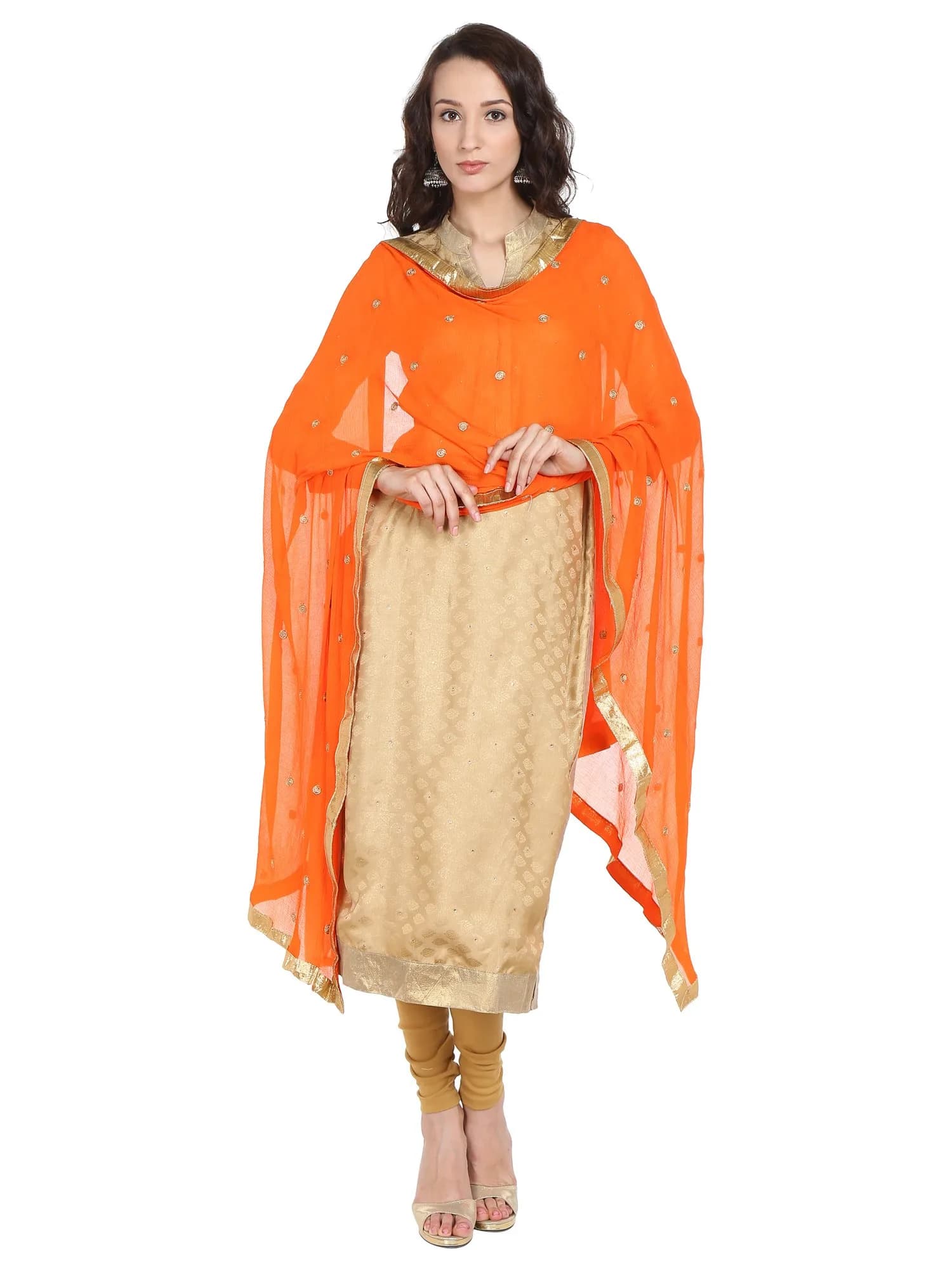 DUPATTA BAZAAR Embroidered Blue Chiffon Dupatta 240cm x 92cm | Traditional Elegant Style — Orange