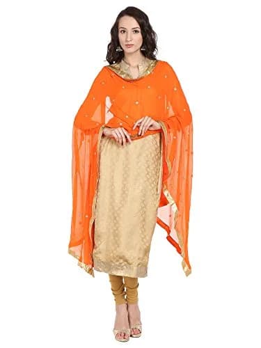 DUPATTA BAZAAR Women's Embroidered Orange Chiffon Dupatta 235 cm (92") | Authentic Indian Ethnic Wear thumbnail 1