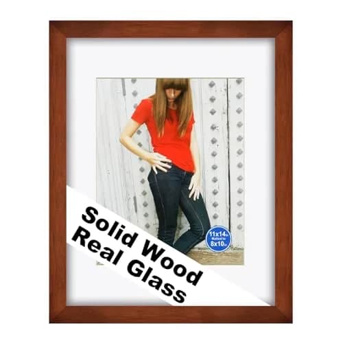 RPJC 11x14 (8x10 with Mat) Solid Wood Picture Frame Real Glass Cover Brown | Classic Wall & Tabletop Decor thumbnail 1