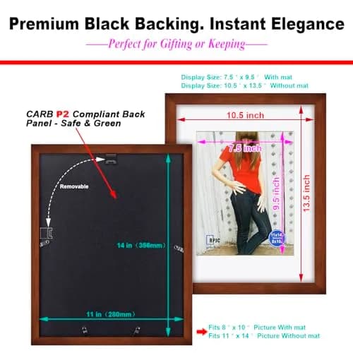 RPJC 11x14 (8x10 with Mat) Solid Wood Picture Frame Real Glass Cover Brown | Classic Wall & Tabletop Decor thumbnail 8