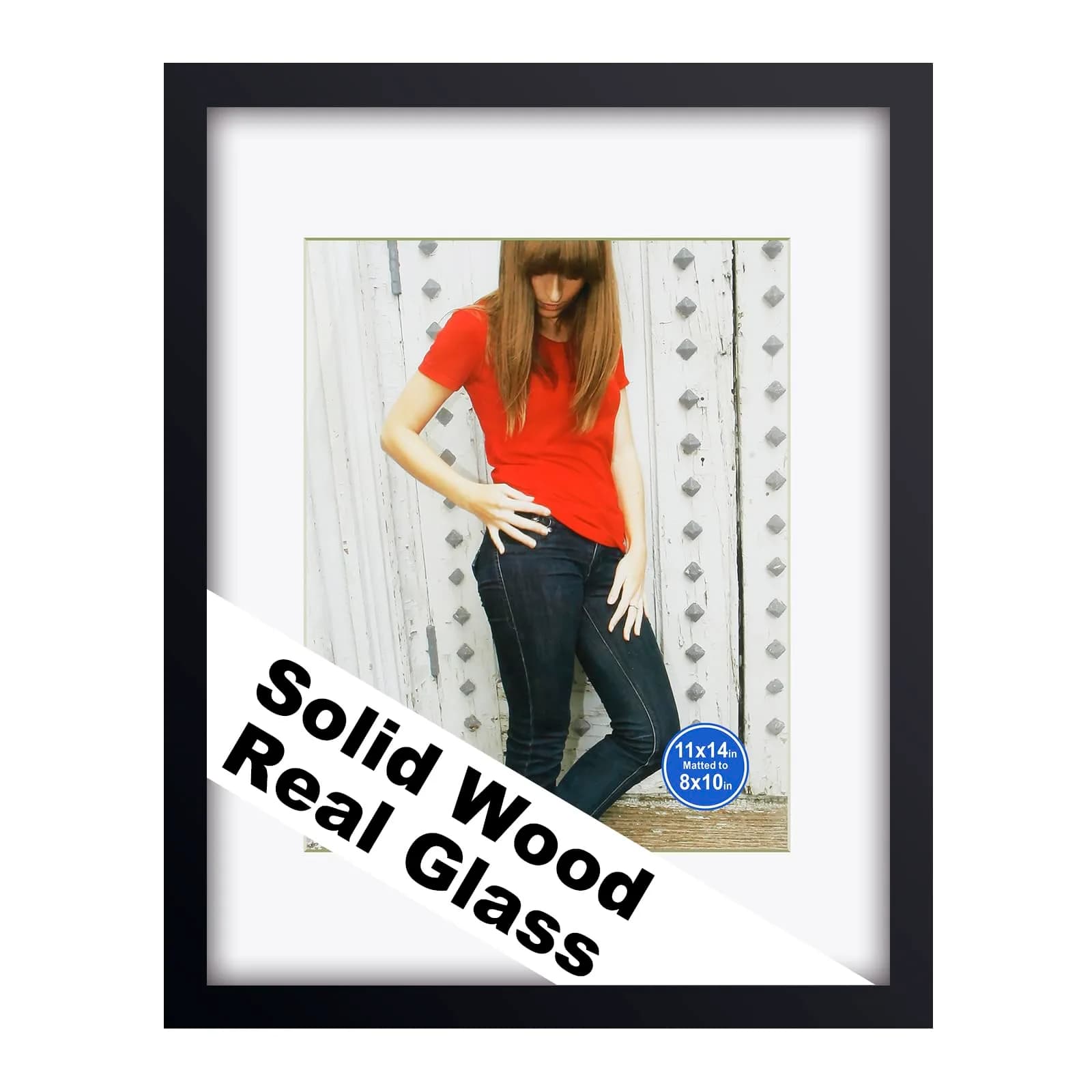 RPJC 9x12 (6x8 with Mat) Solid Wood Picture Frame Real Glass Cover Black | Classic Wall & Tabletop Display — 11x14