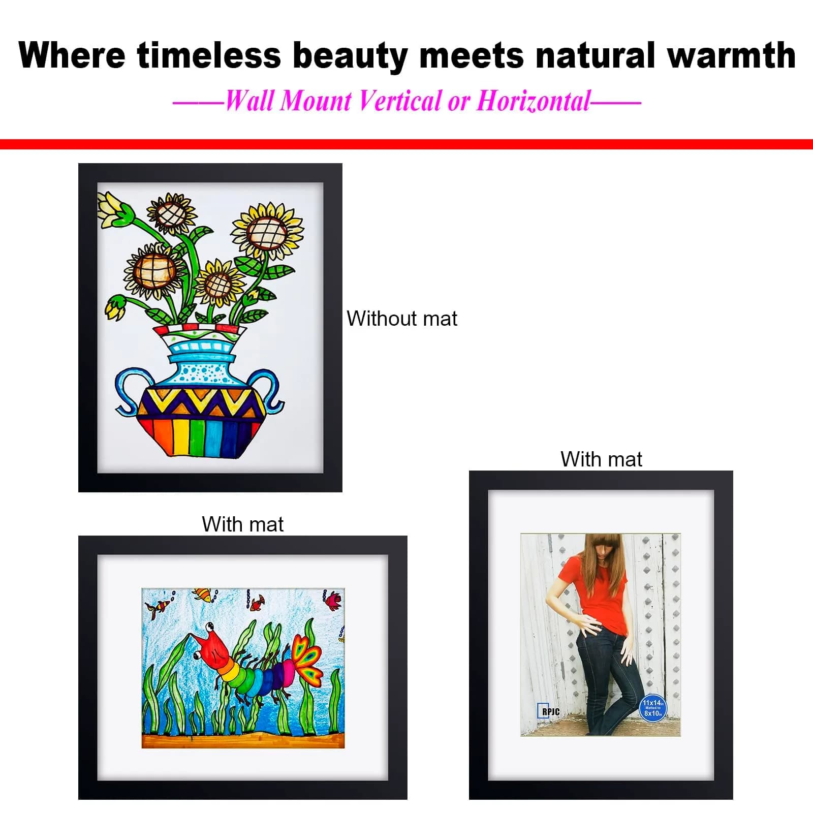 RPJC 11x14 (8x10 with Mat) Solid Wood Picture Frame Real Glass Cover Black | Wall & Tabletop Display thumbnail 5