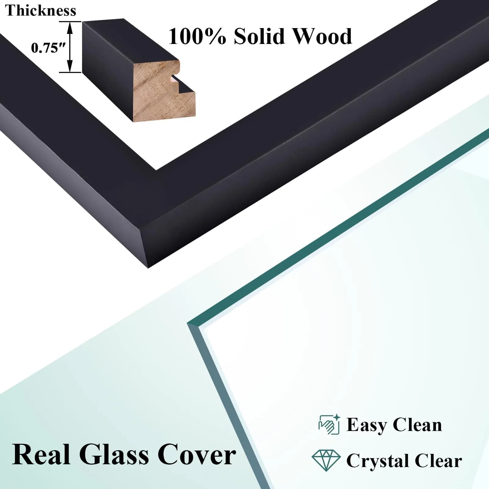 RPJC 11x14 (8x10 with Mat) Solid Wood Picture Frame Real Glass Cover Black | Wall & Tabletop Display thumbnail 7