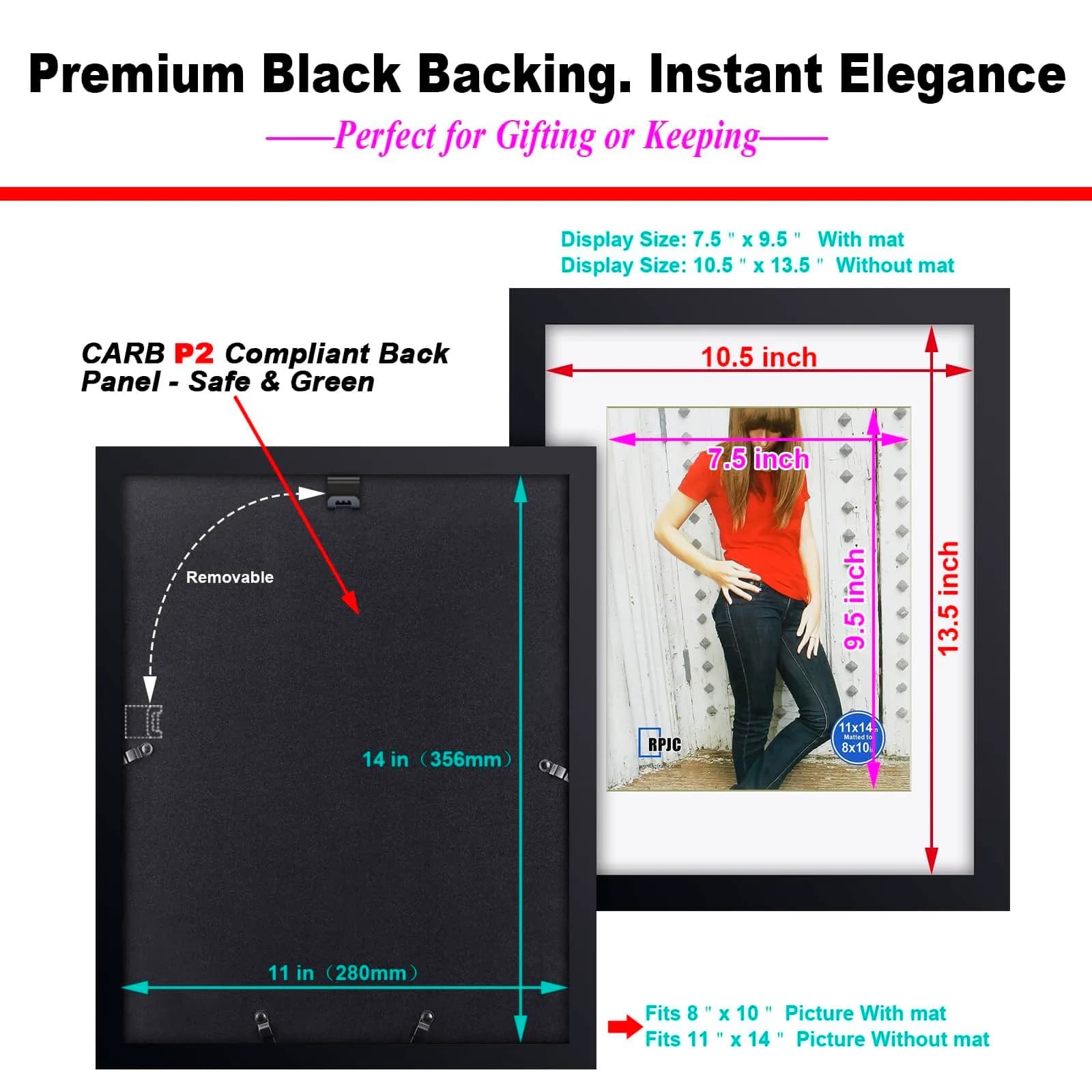 RPJC 11x14 (8x10 with Mat) Solid Wood Picture Frame Real Glass Cover Black | Wall & Tabletop Display thumbnail 8