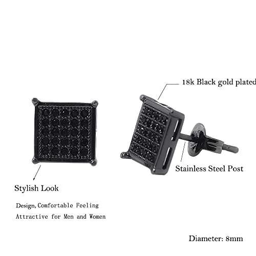 Tarsus 8mm Mens Square Earrings Black Stud Diamond Crystal | Stainless Steel thumbnail 5