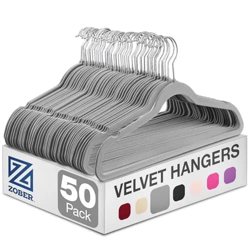 Zober Velvet Hangers 50 Pack - Heavy Duty Gray Hangers for Coats, Pants & Dress Clothes | Space Saving & Non Slip (70-120 chars) thumbnail 1
