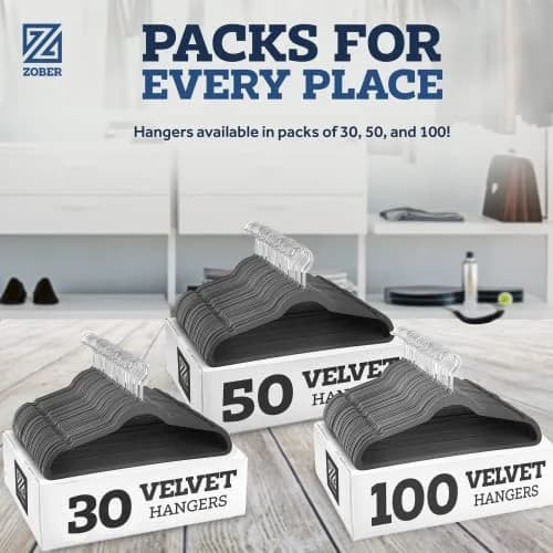 Zober Velvet Hangers 50 Pack - Heavy Duty Gray Hangers for Coats, Pants & Dress Clothes | Space Saving & Non Slip (70-120 chars) thumbnail 7