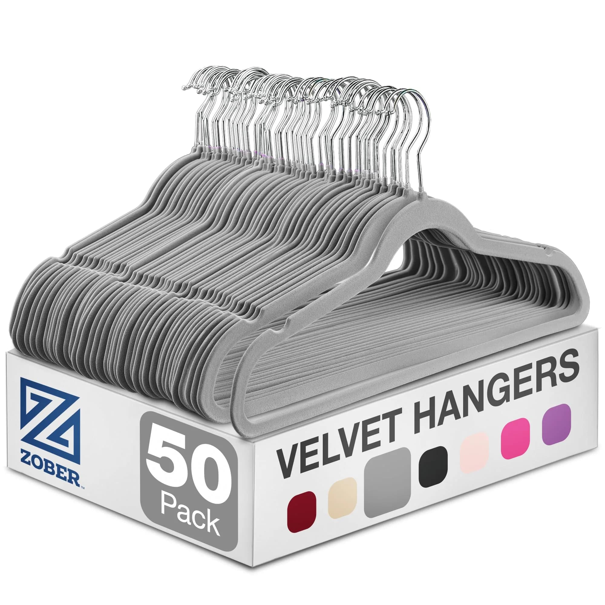 Zober Velvet Hangers 50 Pack - Heavy Duty Gray Hangers for Coats, Pants & Dress Clothes | Space Saving & Non Slip (70-120 chars)