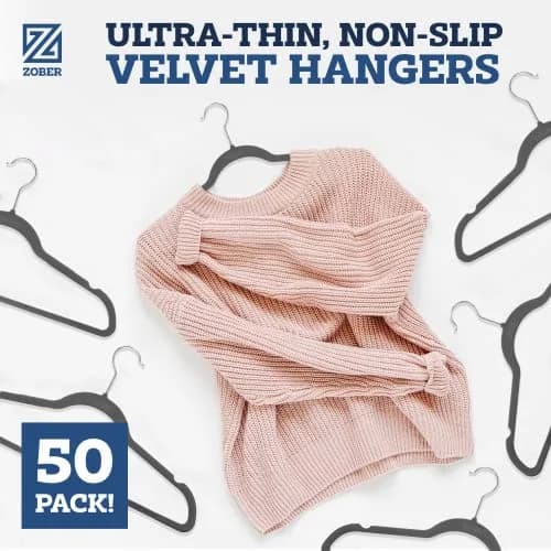 Zober Velvet Hangers 50 Pack - Heavy Duty Gray Hangers for Coats, Pants & Dress Clothes | Space Saving & Non Slip (70-120 chars) thumbnail 2