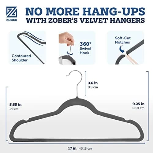 Zober Velvet Hangers 50 Pack - Heavy Duty Gray Hangers for Coats, Pants & Dress Clothes | Space Saving & Non Slip (70-120 chars) thumbnail 3