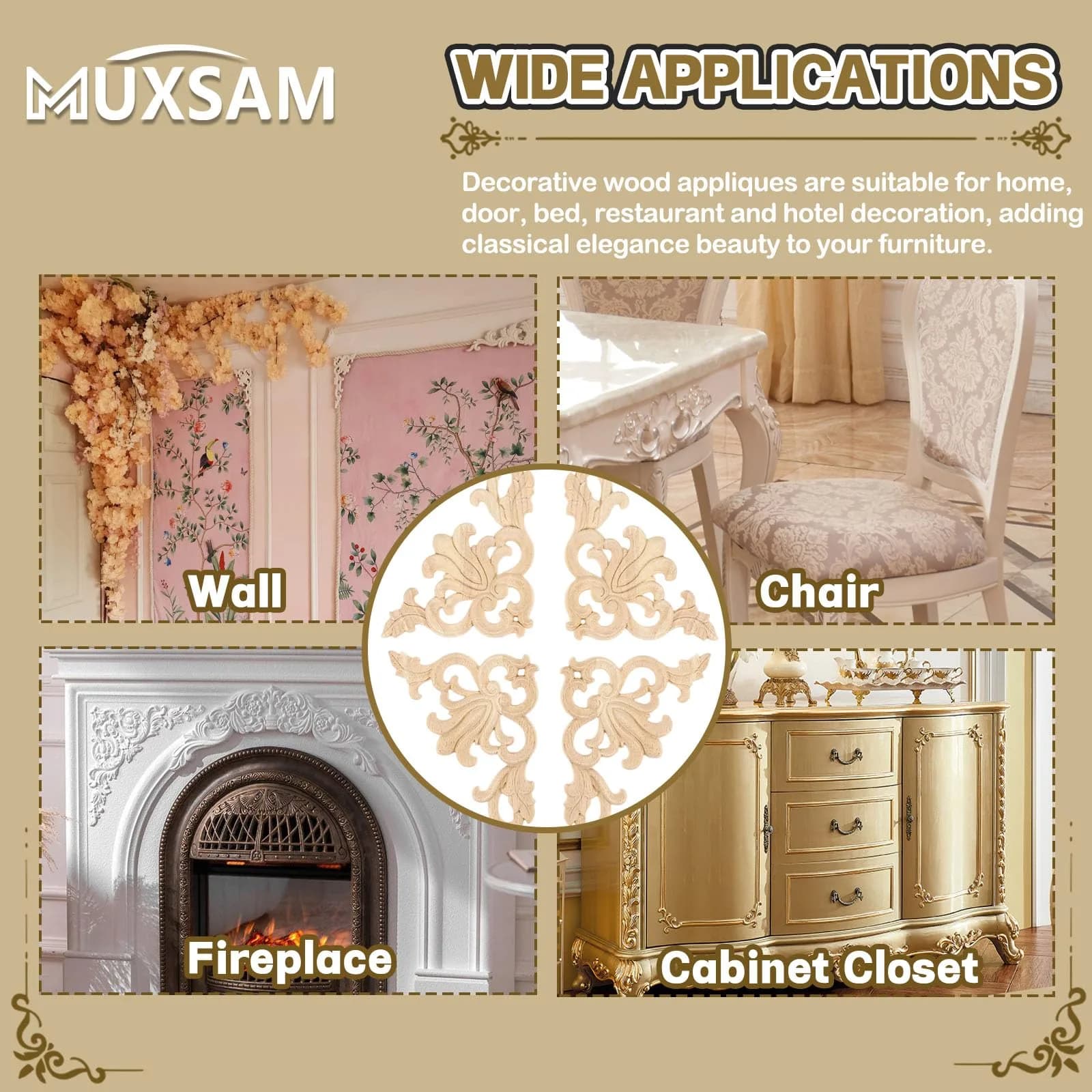 MUXSAM Wood Carved Appliques 20x10cm (7.87"x3.94") | Authentic European Style Furniture Accents - view 6