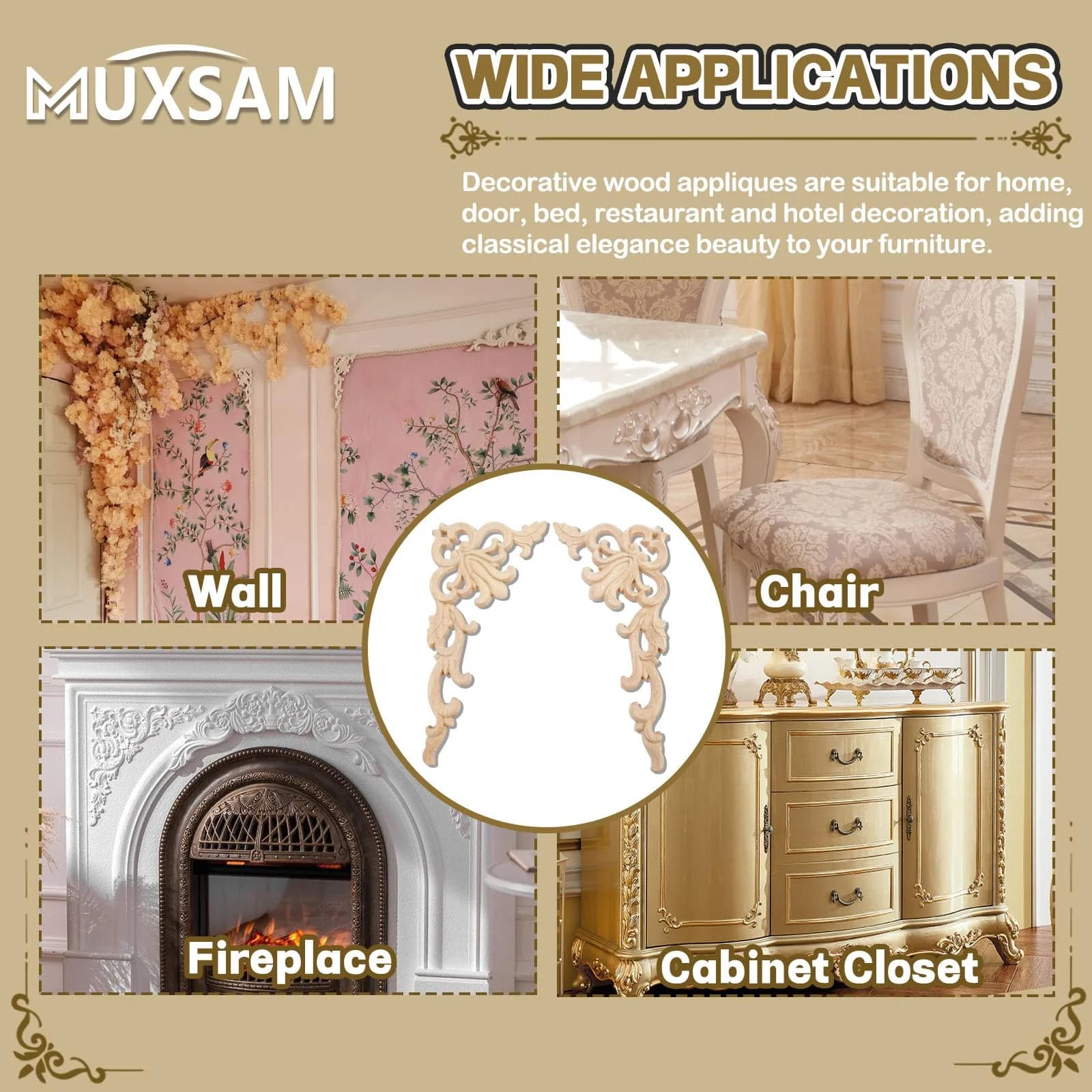 MUXSAM Wood Carved Appliques Onlays 20cm x 10cm (7.87" x 3.94") | European Style Furniture Corner Decals - view 6