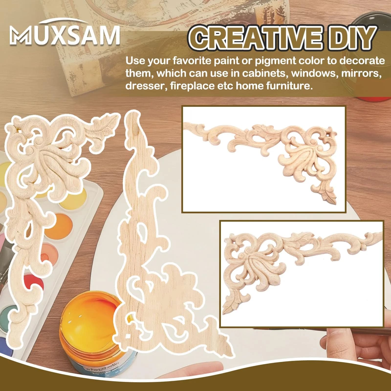 MUXSAM Wood Carved Appliques Onlays 20cm x 10cm (7.87" x 3.94") | European Style Furniture Corner Decals - view 7