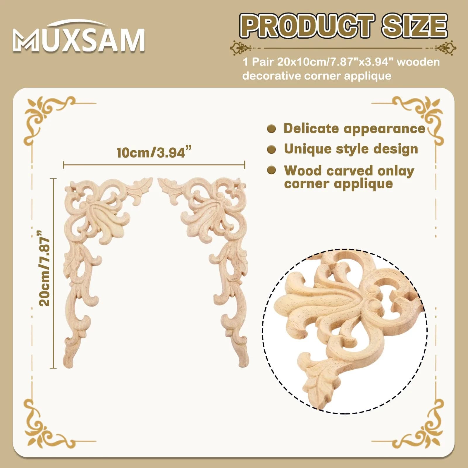 MUXSAM Wood Carved Appliques Onlays 20cm x 10cm (7.87" x 3.94") | European Style Furniture Corner Decals - view 2