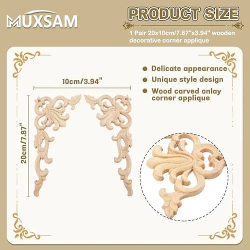 MUXSAM Wood Carved Appliques Onlays 20cm x 10cm (7.87" x 3.94") | European Style Furniture Corner Decals thumbnail 2