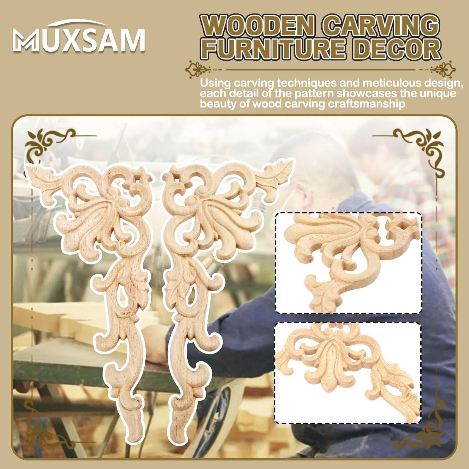 MUXSAM Wood Carved Appliques Onlays 20cm x 10cm (7.87" x 3.94") | European Style Furniture Corner Decals - view 3