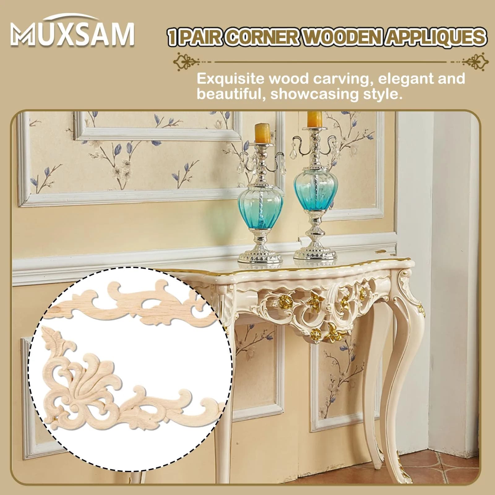 MUXSAM Wood Carved Appliques Onlays 20cm x 10cm (7.87" x 3.94") | European Style Furniture Corner Decals - view 4