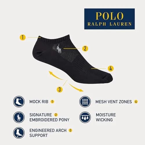 POLO RALPH LAUREN Men's Tech Low Cut Sock 3 Pair Pack | Moisture-Wicking, Reinforced Toe, Arch Support, Ankle-High thumbnail 6
