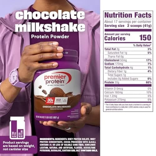 Premier Protein 30g High Protein Powder, 100% Whey, Chocolate, 1.53 lb (694g) | 30g Protein Per Serving thumbnail 5
