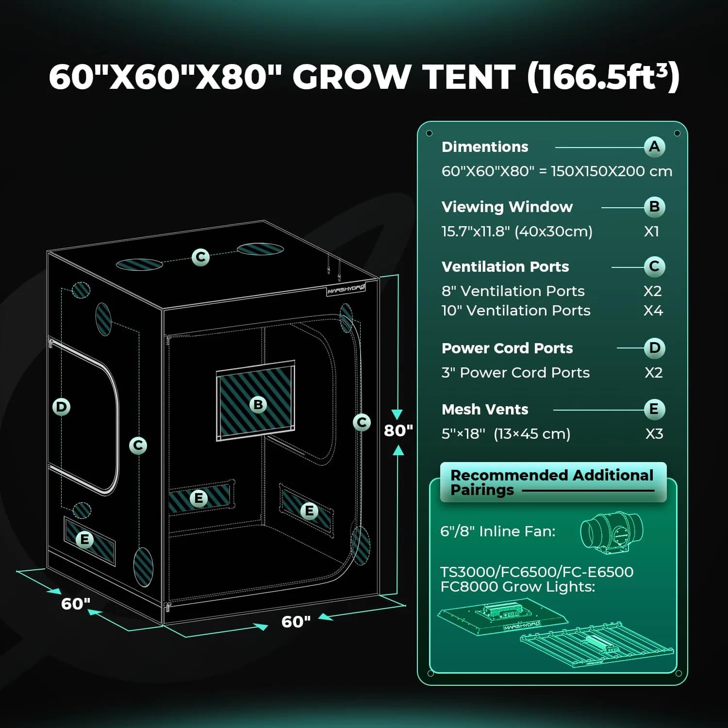 MARS HYDRO 5x5x6.67 ft Grow Tent | 1680D Mylar Fabric, 70kg Capacity, Indoor Plant Growing - view 9