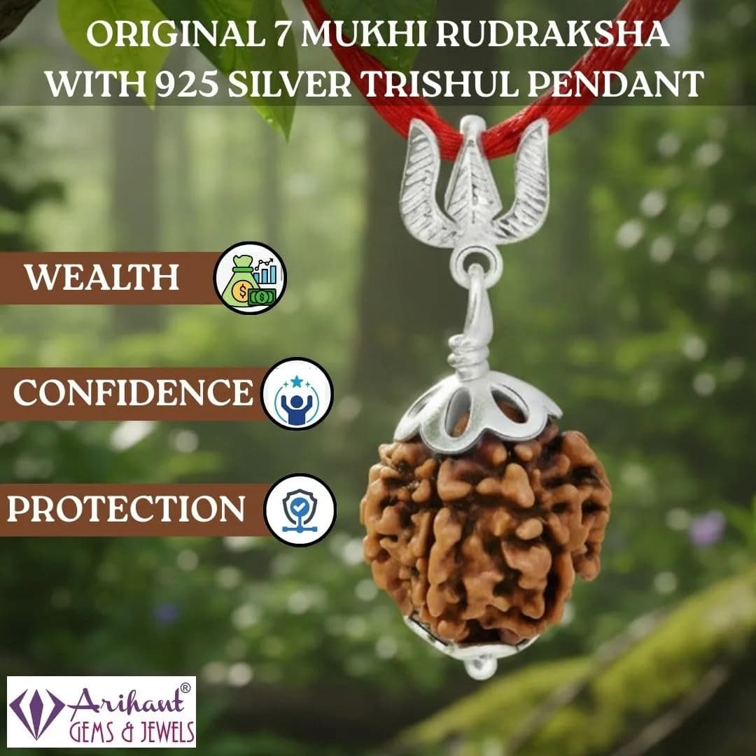 Arihant Gems & Jewels 7 Mukhi Rudraksha Pendant with 925 Sterling Silver Trishul | 2 cm (0.78 in) Pendant - view 6