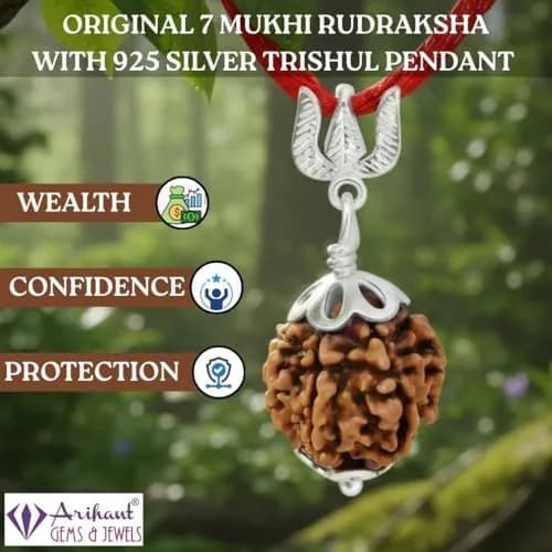 Arihant Gems & Jewels 7 Mukhi Rudraksha Pendant with 925 Sterling Silver Trishul | 2 cm (0.78 in) Pendant thumbnail 6