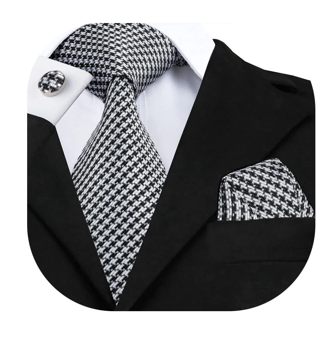 Hi-Tie Mens Black White Houndstooth Silk Necktie Set with Handkerchief & Cufflinks | Elegant Business & Wedding Accessory — Black White Houndstooth