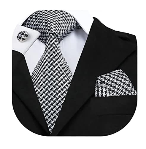 Hi-Tie Mens Black White Houndstooth Silk Necktie Set with Handkerchief & Cufflinks | Elegant Business & Wedding Accessory thumbnail 1