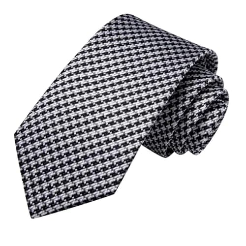 Hi-Tie Mens Black White Houndstooth Silk Necktie Set with Handkerchief & Cufflinks | Elegant Business & Wedding Accessory thumbnail 4